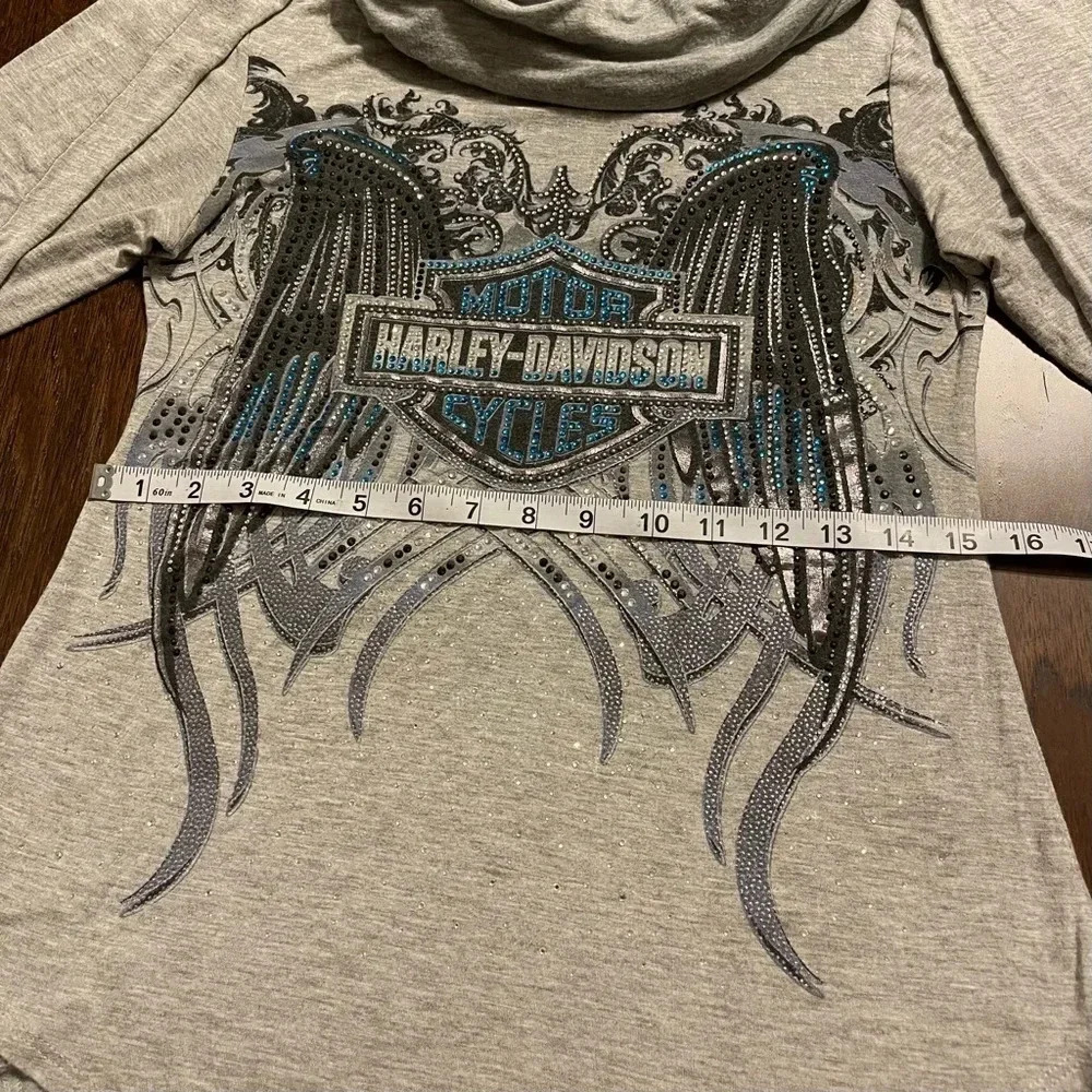 Harley Davidson Rhinestone Cowl Neck Long Sleeve Shirt Y2K - Picture 7 of 10